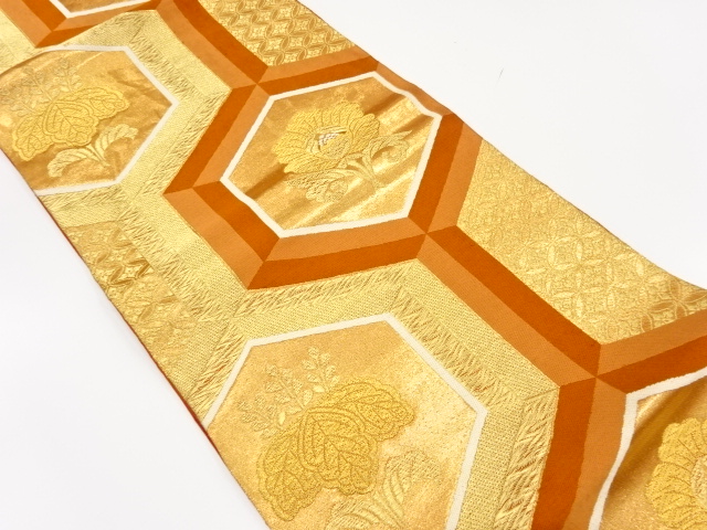 アンティーク　亀甲に桐・七宝模様織り出し袋帯（着用可）